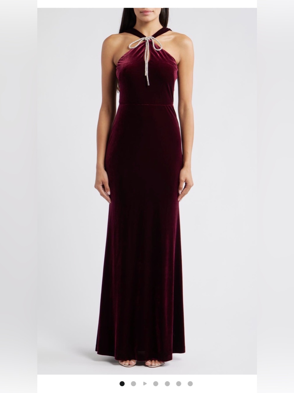 Eliza J Burgundy Velvet Strapless Evening Gown with Rhinestone Tie
